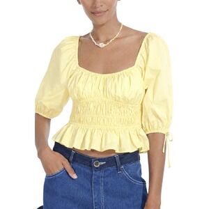 STAUD Faye Smocked Puff Sleeve Top Yellow Cotton Cropped Size 6